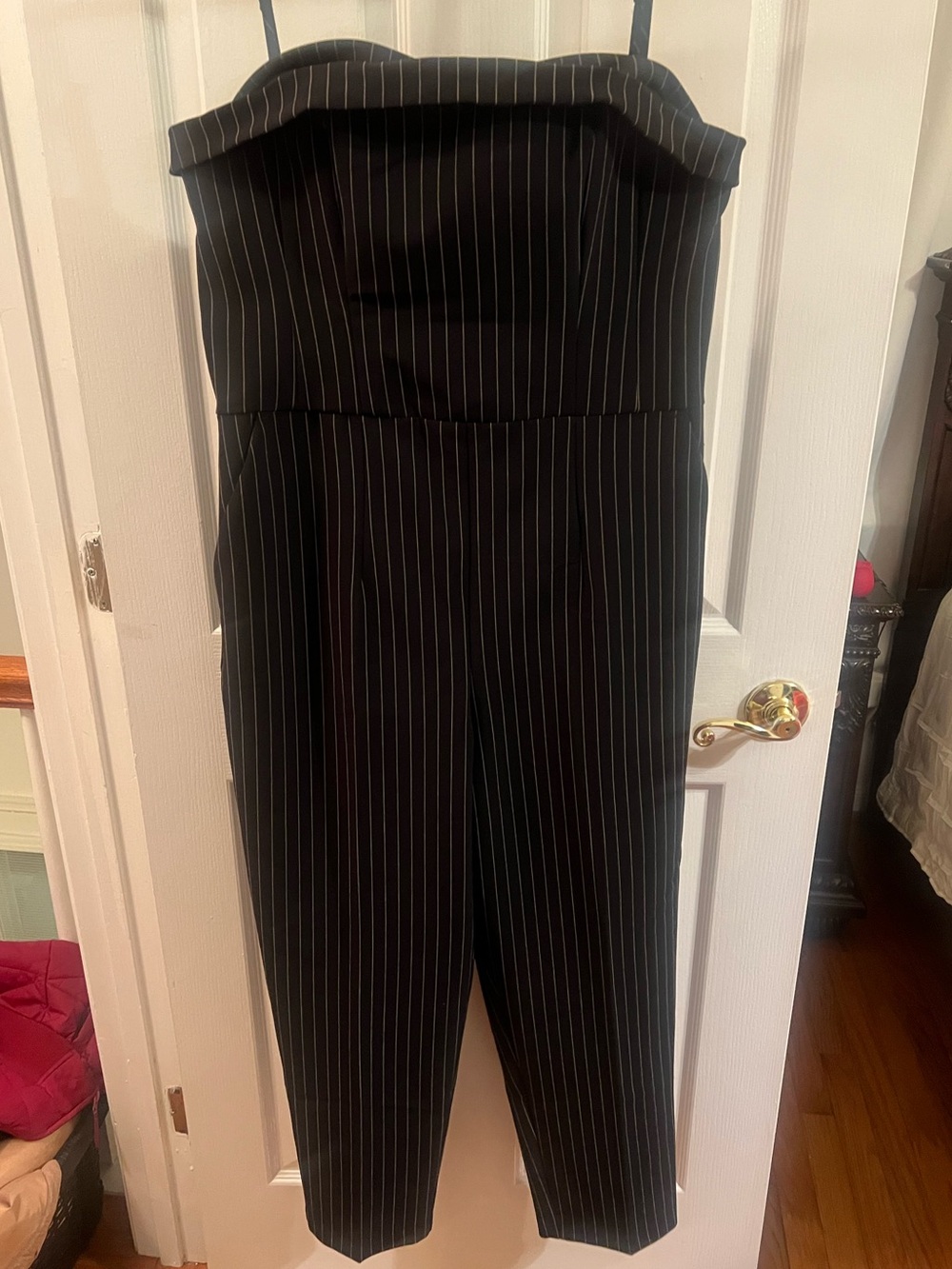 Express Black Pinstripe Strapless Jumpsuit